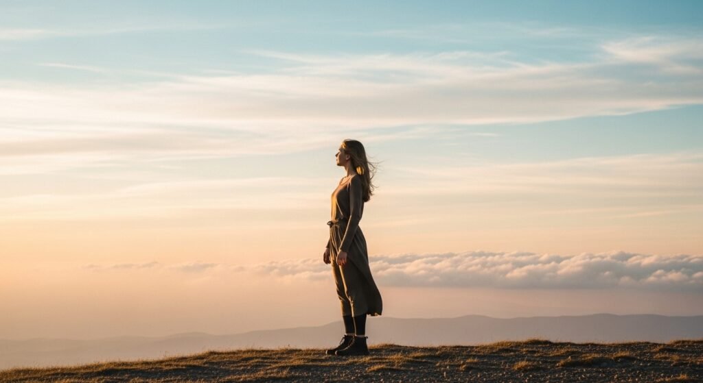 Create a serene, cinematic landscape that visually reflects peace, self-discovery, and quiet strength. Show a young woman standing alone on a mountaintop or open field at golden hour, her hair softly moving in the breeze as she gazes toward a vast, pastel sky filled with gentle clouds. The atmosphere should feel calm and introspective—no distractions, only the balance of earth and sky. Use soft, warm lighting with tones of gold, peach, and light blue to evoke tranquility. The overall composition should feel poetic and minimalistic, symbolizing freedom, reflection, and connection with nature—perfect as a blog feature image for “Scenery Captions for Instagram.”