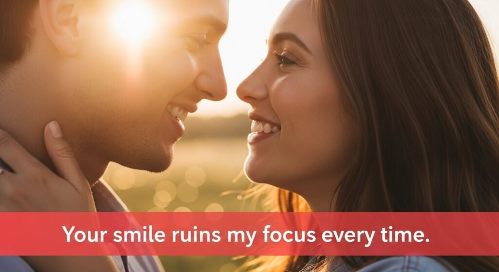 Design a romantic, dreamy image that radiates chemistry and distraction in the best way. The background should show a soft-focus moment between two people — one smiling warmly while the other looks completely mesmerized, caught mid-laugh or mid-gaze. Set the scene in golden-hour sunlight or under soft fairy lights to create a glowing, intimate atmosphere. The tones should be warm, passionate, and inviting, with hints of blush pink, amber, and gold to enhance the romantic mood. The caption “Your smile ruins my focus every time” should appear at the bottom middle in vivid, eye-catching typography — think soft red, coral, or gold gradient that pops yet feels elegant. The font style should be smooth and modern, complementing the emotional tone without overwhelming the background. The main visual focus stays on the glowing smile and tender connection, capturing the irresistible distraction of love in one frame.